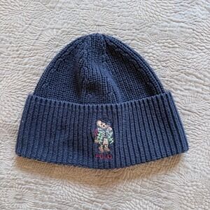 Polo Ralph Lauren Bear Navy Blue Ribbed Knit Toddler Beanie Hat One Size Cotton